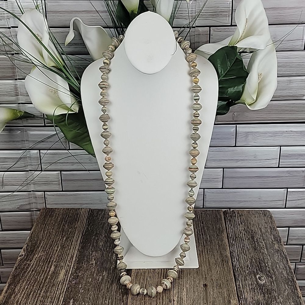 Long Victorian style paper bead necklace  Length 36"